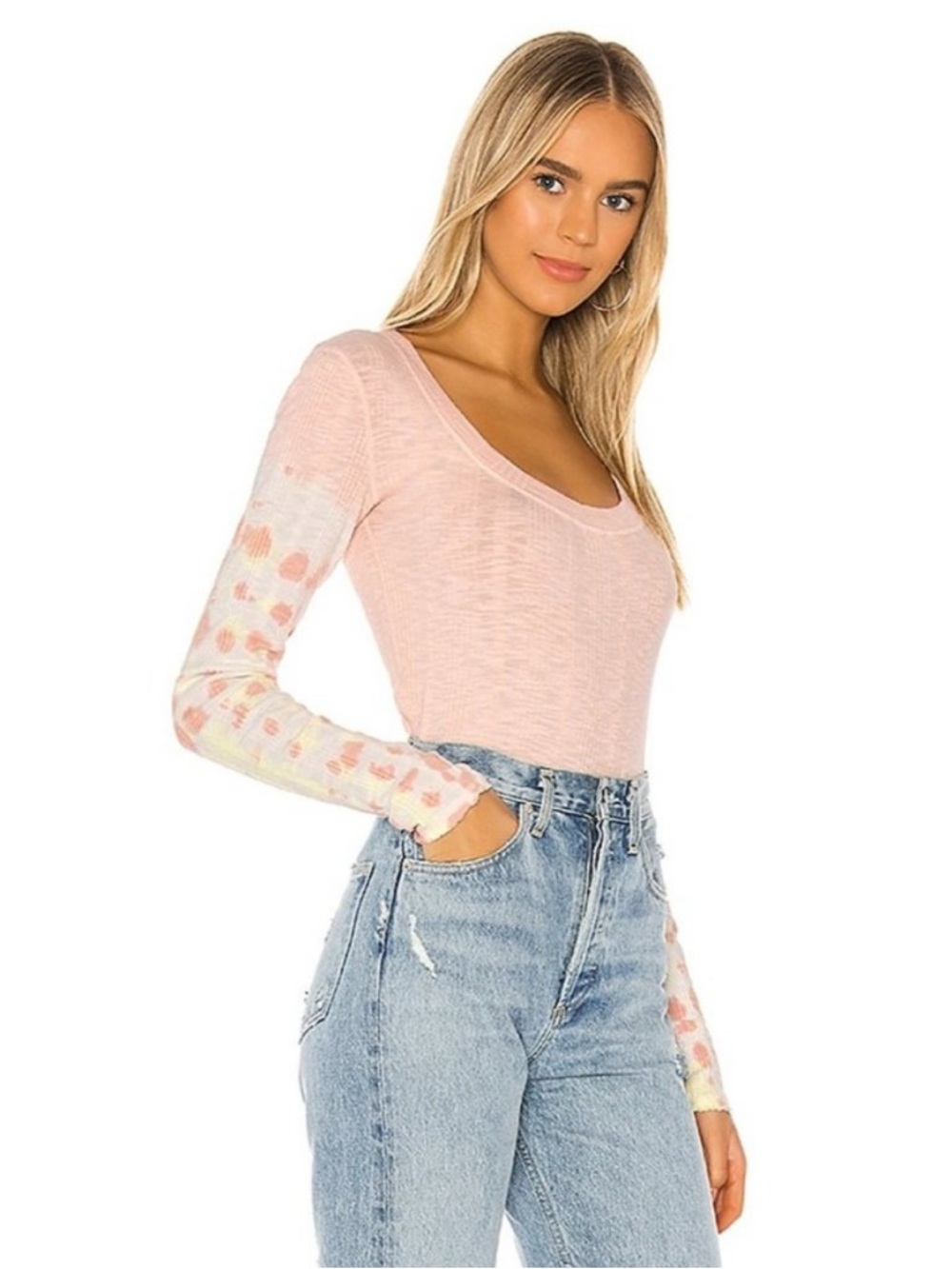 NWT Free People Big Sur Ribbed Knit Tie Dye Long Sleeve Top Pink Rose Size S